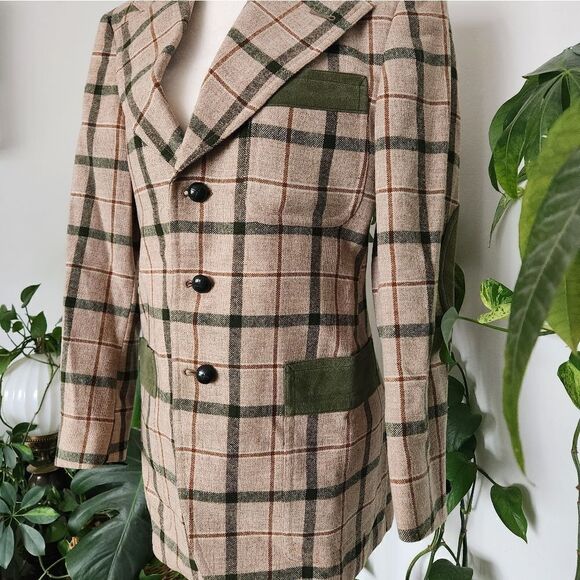 Vintage Wool 70s Plaid Ladies Blazer Jacket Elbow Patches Equestrian Blokecore - Picture 3 of 14